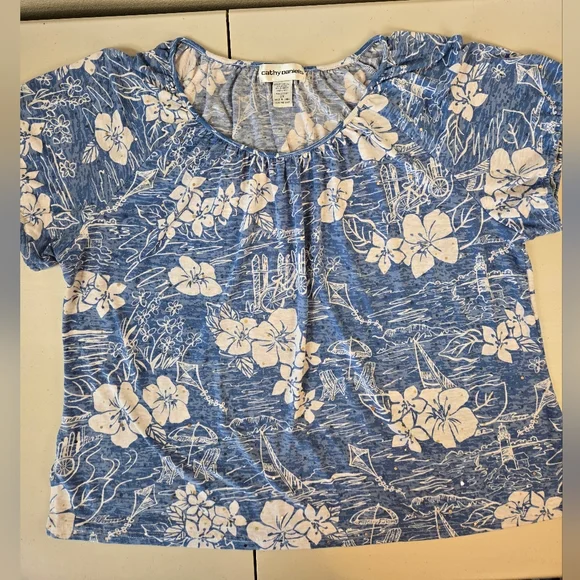 Cathy Daniels Blue Floral Blouse with Sequin Detail 2X - Picture 8 of 12